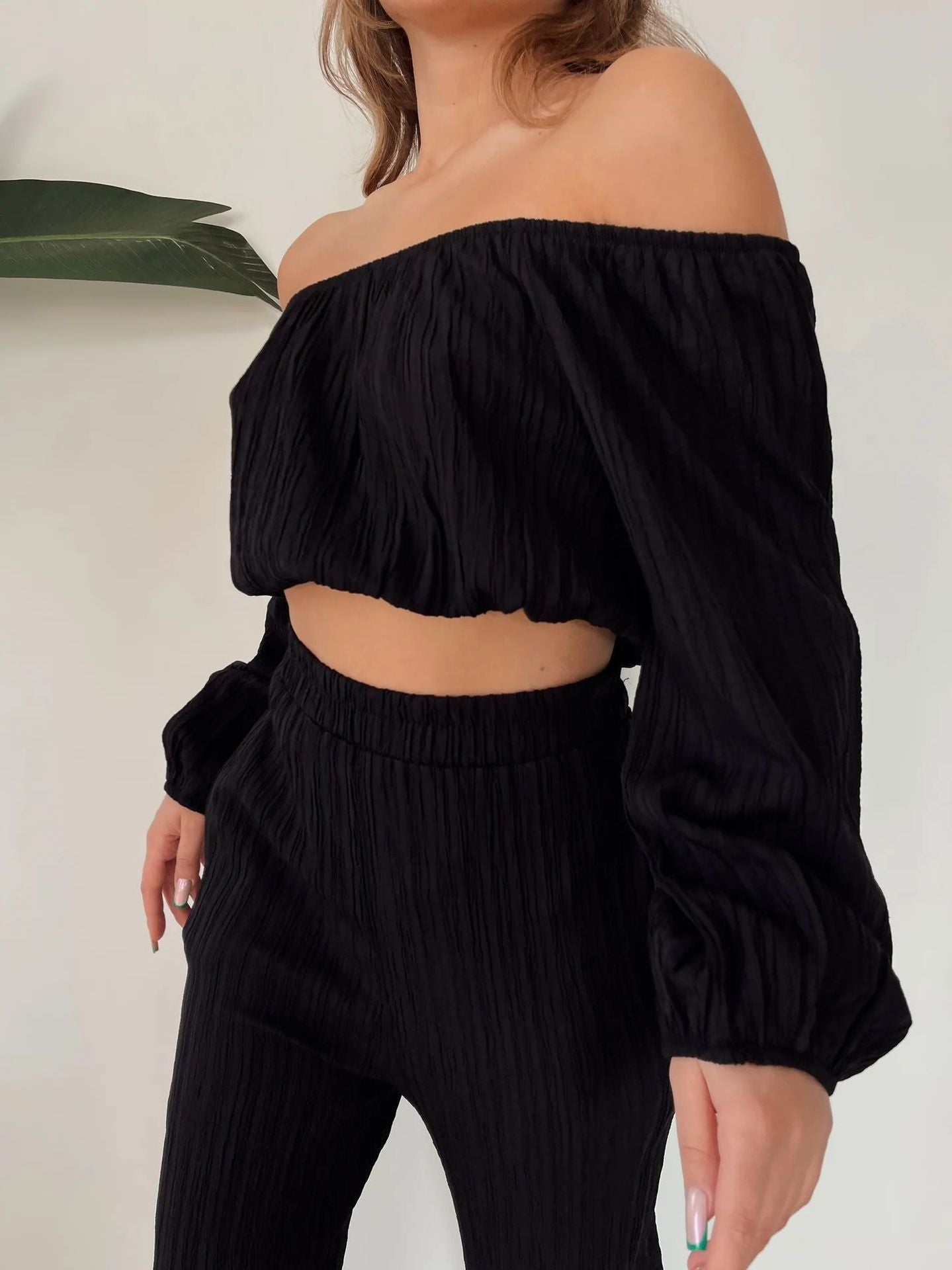 Chaunte | Tweedelige Zomer Set Dames - Off-Shoulder Crop Top & Wijde Broek