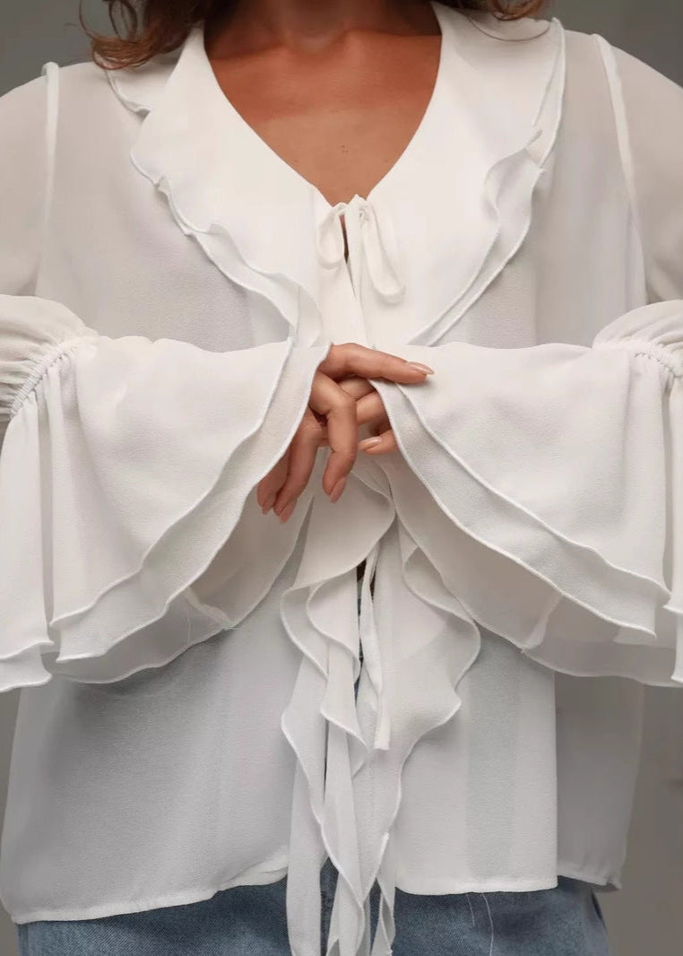 Zhoe | Dames Blouse van Chiffon met Ruches en V-hals – Elegant en luchtig