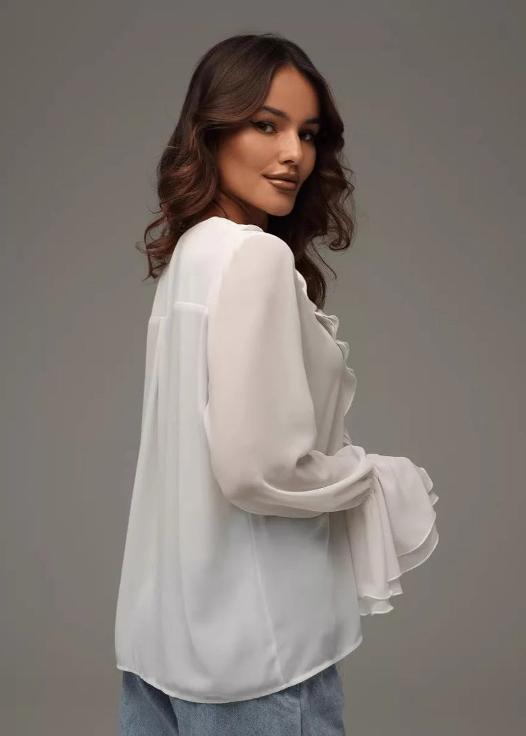 Zhoe | Dames Blouse van Chiffon met Ruches en V-hals – Elegant en luchtig