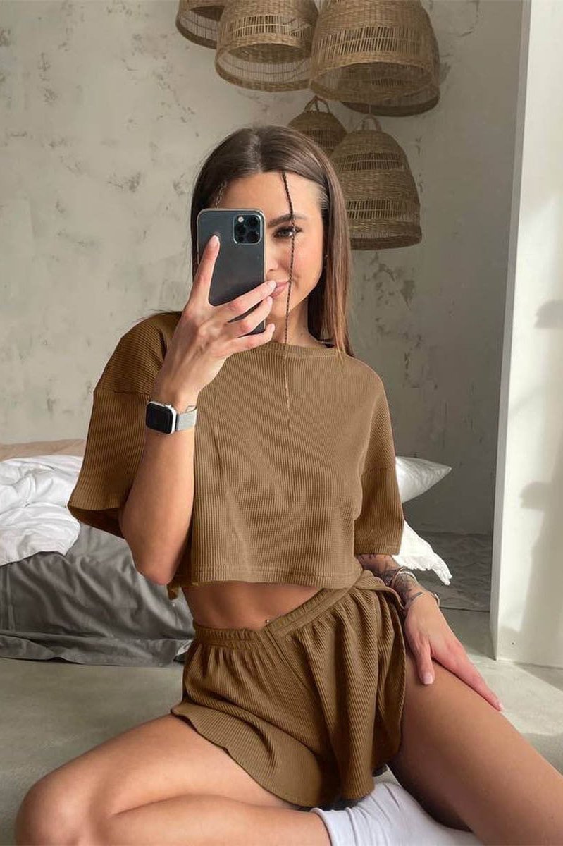 Jema | Dames Comfy Loungewear Set – Wafelstof Top & Short – Casual