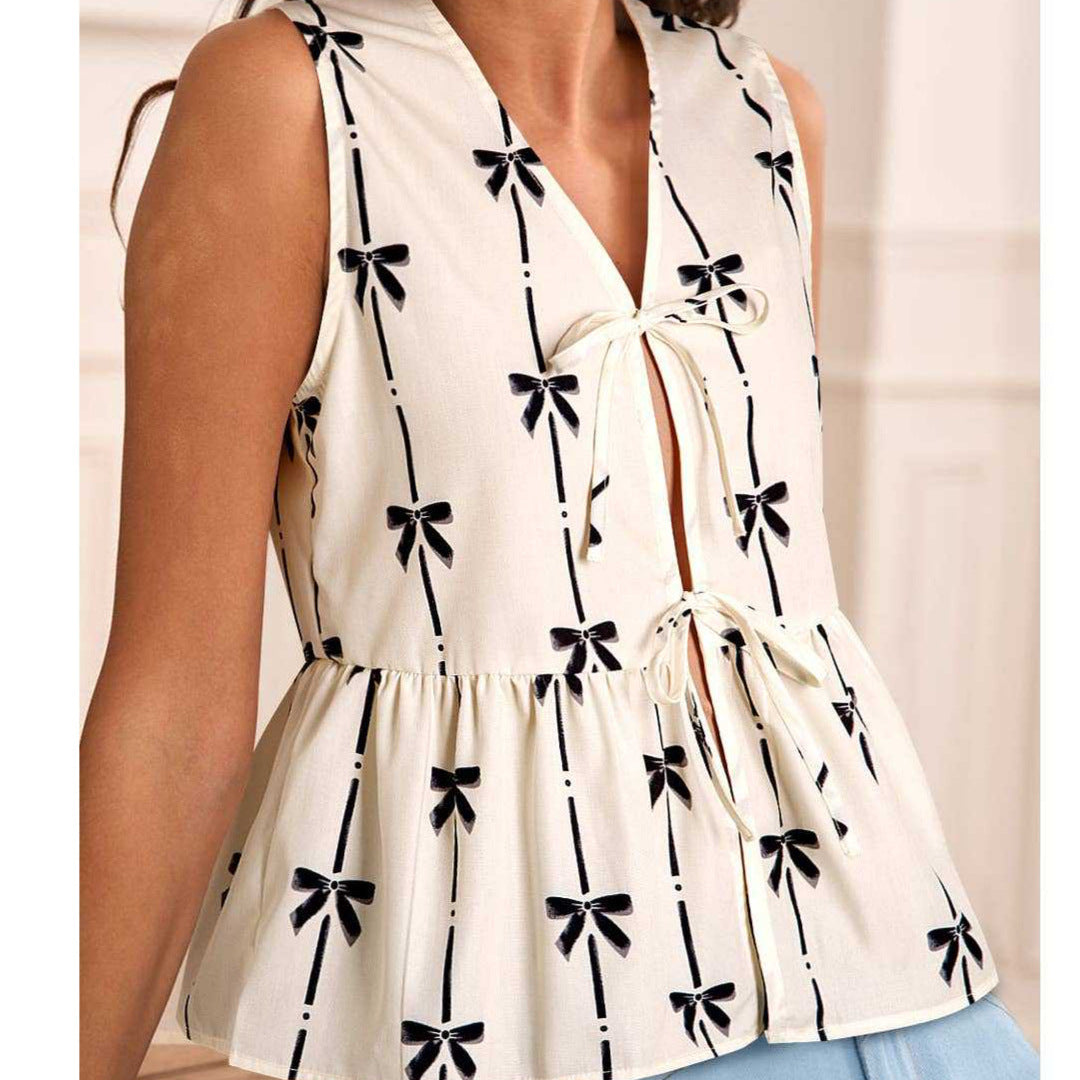 Mendi | Mouwloze V-hals Top met Strikdetail – Luchtig & Chic