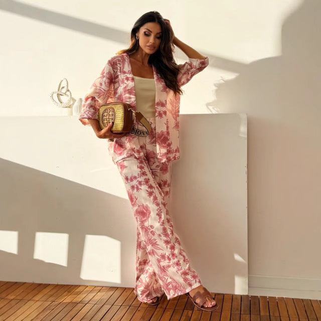Angele | Tweedelige Zomerset met Bloemenprint Set - Top met Wijde Broek