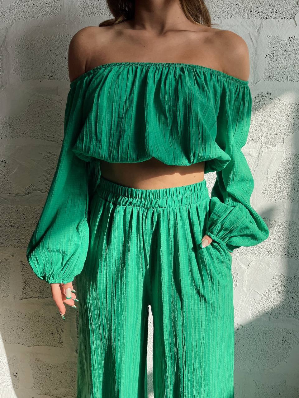 Chaunte | Tweedelige Zomer Set Dames - Off-Shoulder Crop Top & Wijde Broek