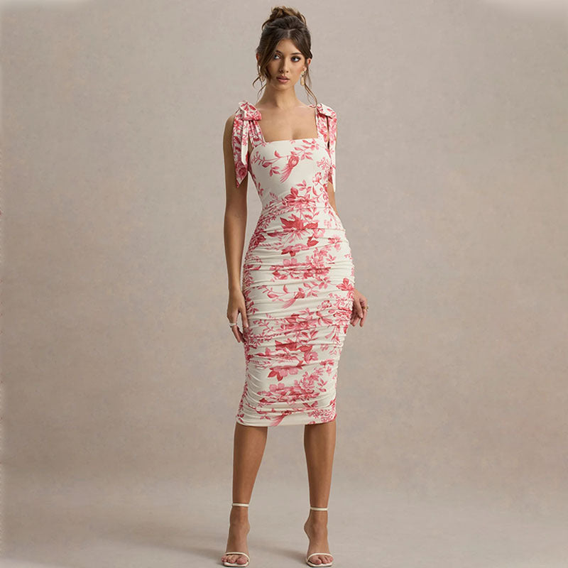 Lissa | Slim Fit Bodycon Midi Jurk met Bloemenprint