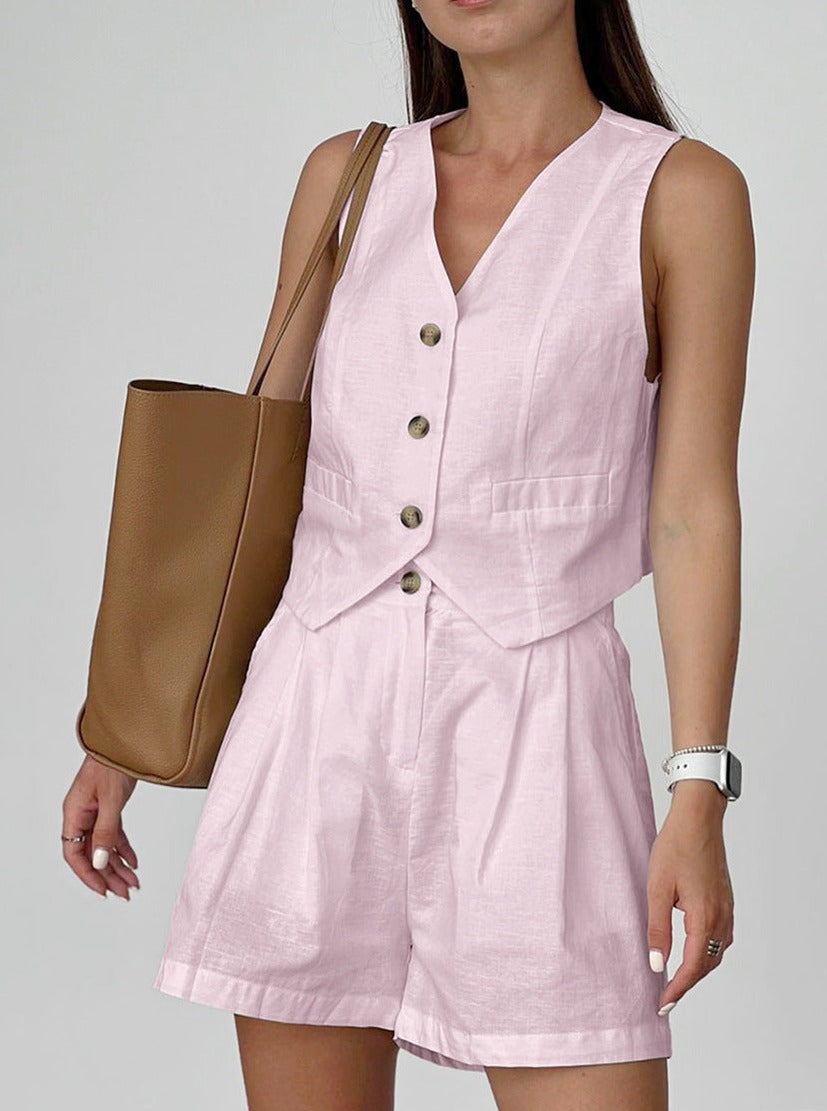 Josa | Linnen Tweedelige Set Dames – Blouse met Knoopsluiting & Korte Broek