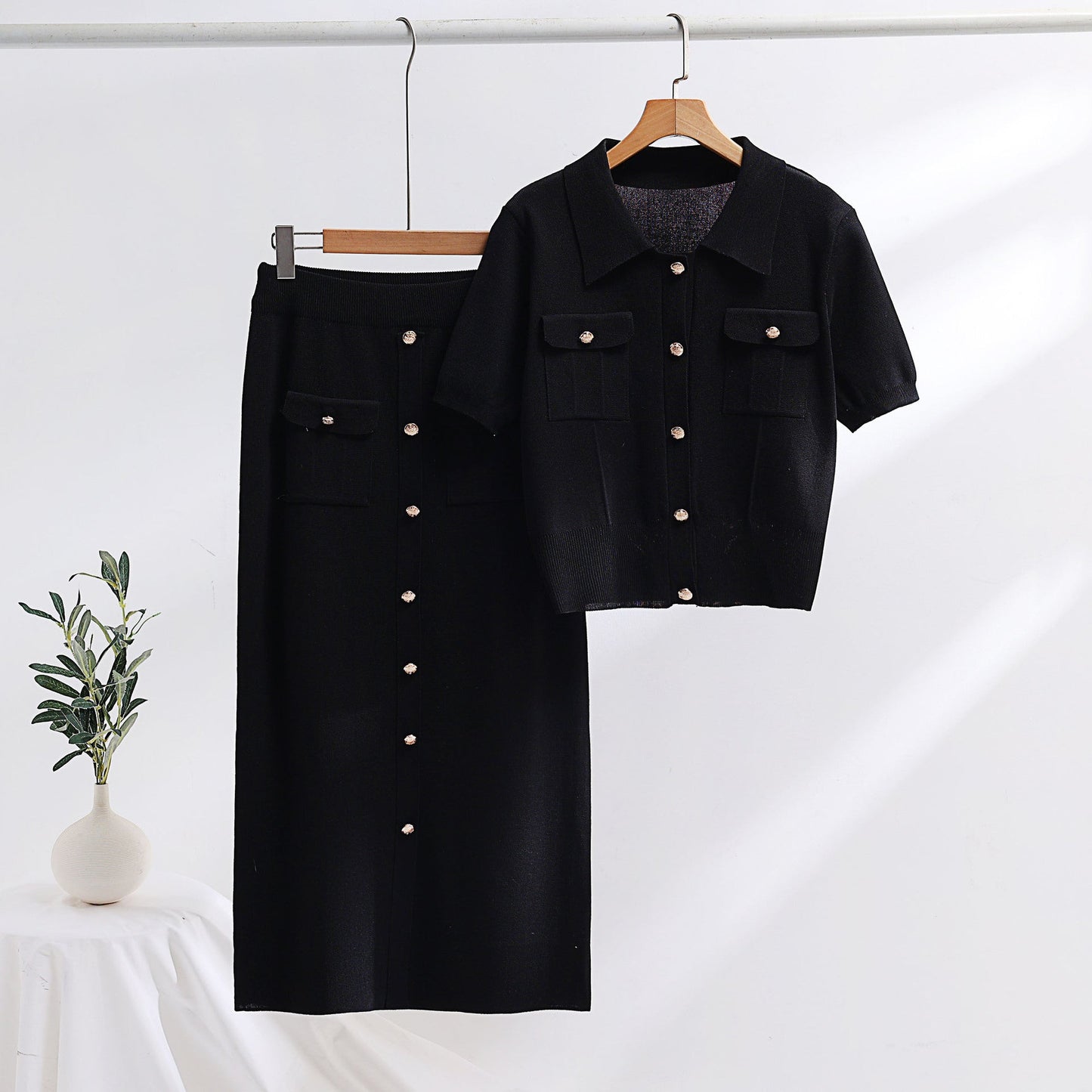 Luxe Tweedelige Set - Trui met Korte Mouwen en Lange Rok