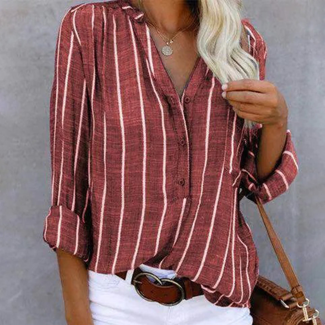 Solaine | Elegante Gestreepte V-Hals Blouse