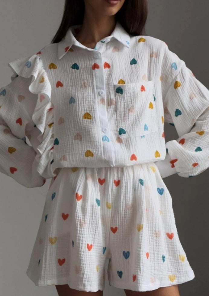 Jenika | Loungewear Set van Katoen met Hartjes Print - Zomers & Stijlvol