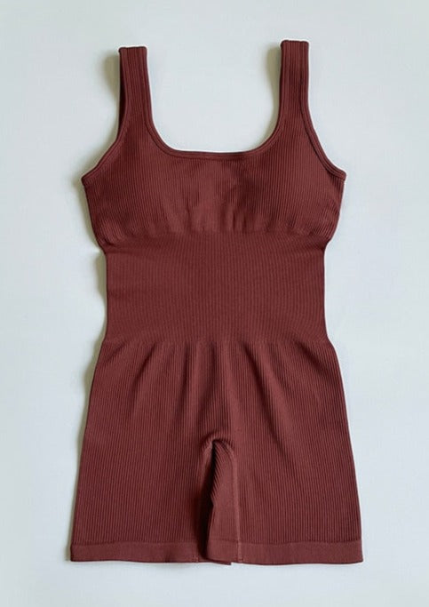 Kasey | Ribbed Bodysuit Bruin Dames - Naadloos & Ademend