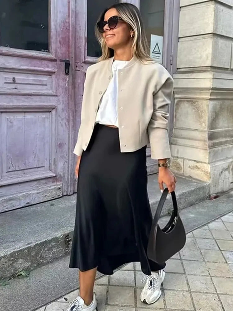 Audrey | Satijnen Look Lange Rok met Hoge Taille – Elegant & Glanzend