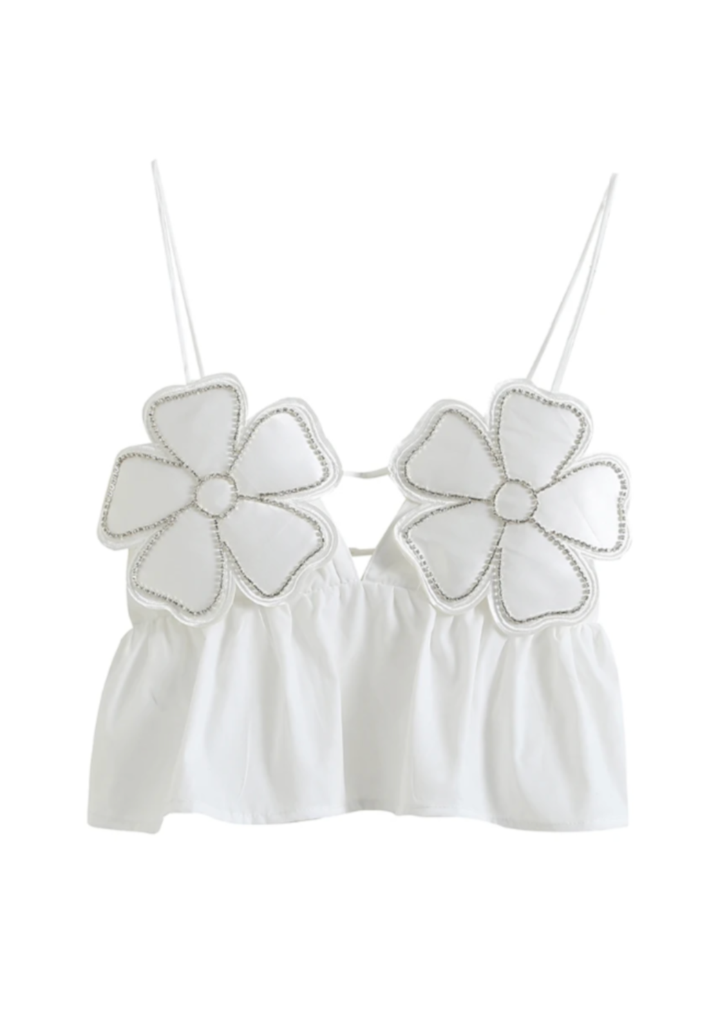 Junia | Witte Crop Top met Bloemen & Strass Details