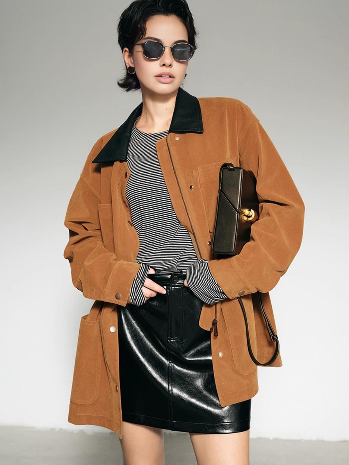 Monde | Oversized Winterjas Dames - Suède met Contrastkraag, Lichtgewicht