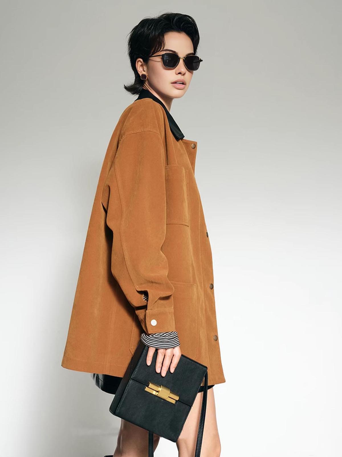 Monde | Oversized Winterjas Dames - Suède met Contrastkraag, Lichtgewicht