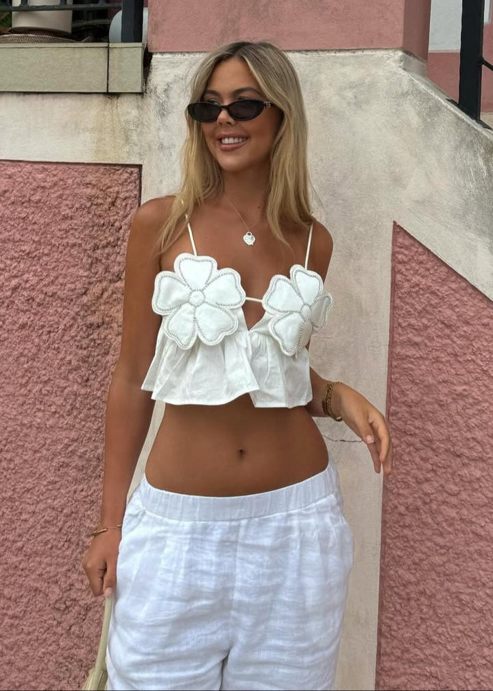 Junia | Witte Crop Top met Bloemen & Strass Details