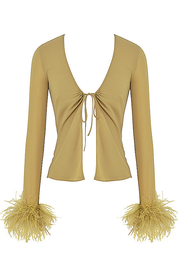 Breezy | Elegante V-hals Top met Strik en Veren Accenten