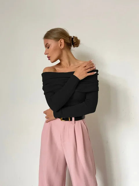 TrendiMax Dames lange mouw off-shoulder sexy tops ruches elegante shirts gebreide slanke getailleerde blouse T-shirt, donkerbruin, S TrendiMax Dames lange mouw off-shoulder sexy tops ruches elegante shirts gebreide slanke getailleerde blouse T-shirt, donkerbruin, S