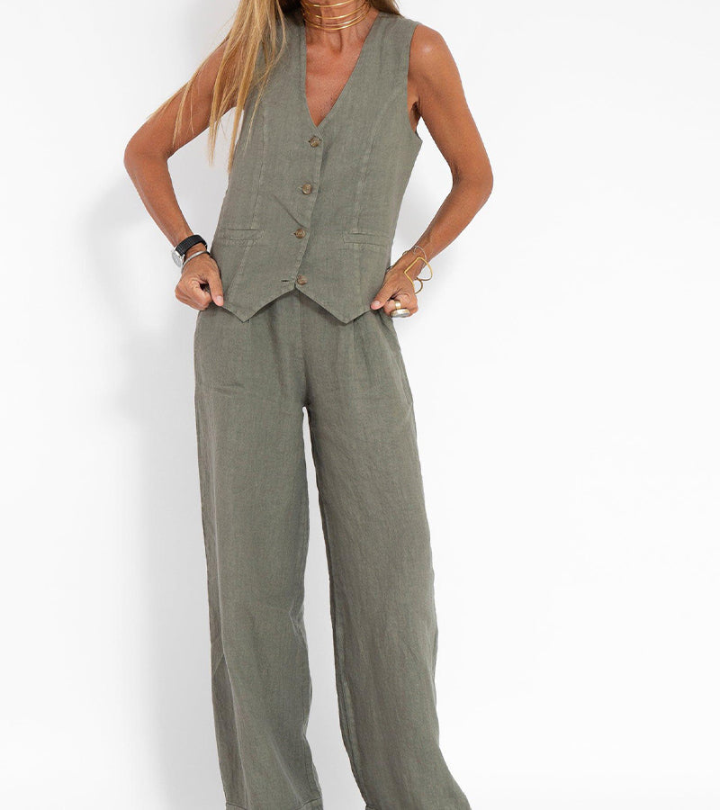 Juana | Elegante Mouwloze Linnen Set met V-Hals Gilet en Wijde Broek