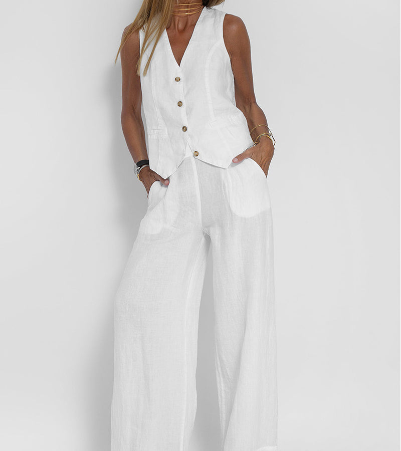 Juana | Elegante Mouwloze Linnen Set met V-Hals Gilet en Wijde Broek