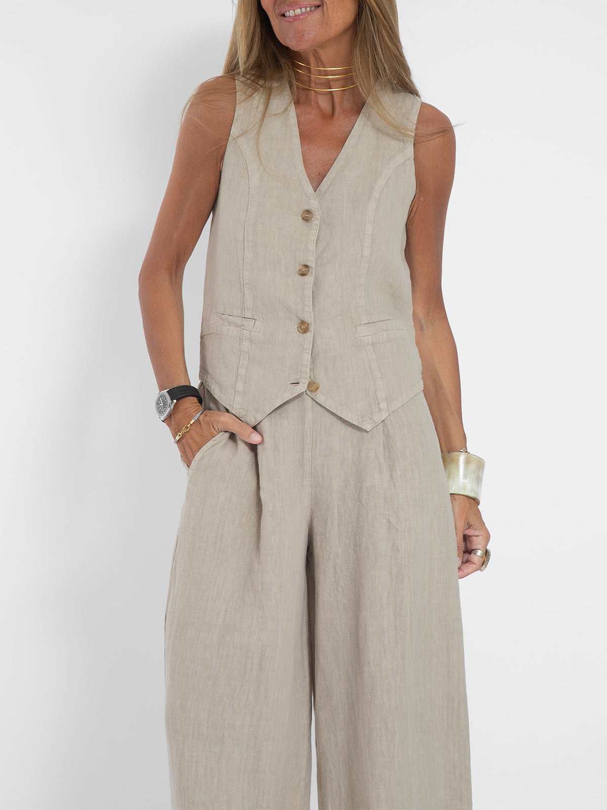 Juana | Elegante Mouwloze Linnen Set met V-Hals Gilet en Wijde Broek