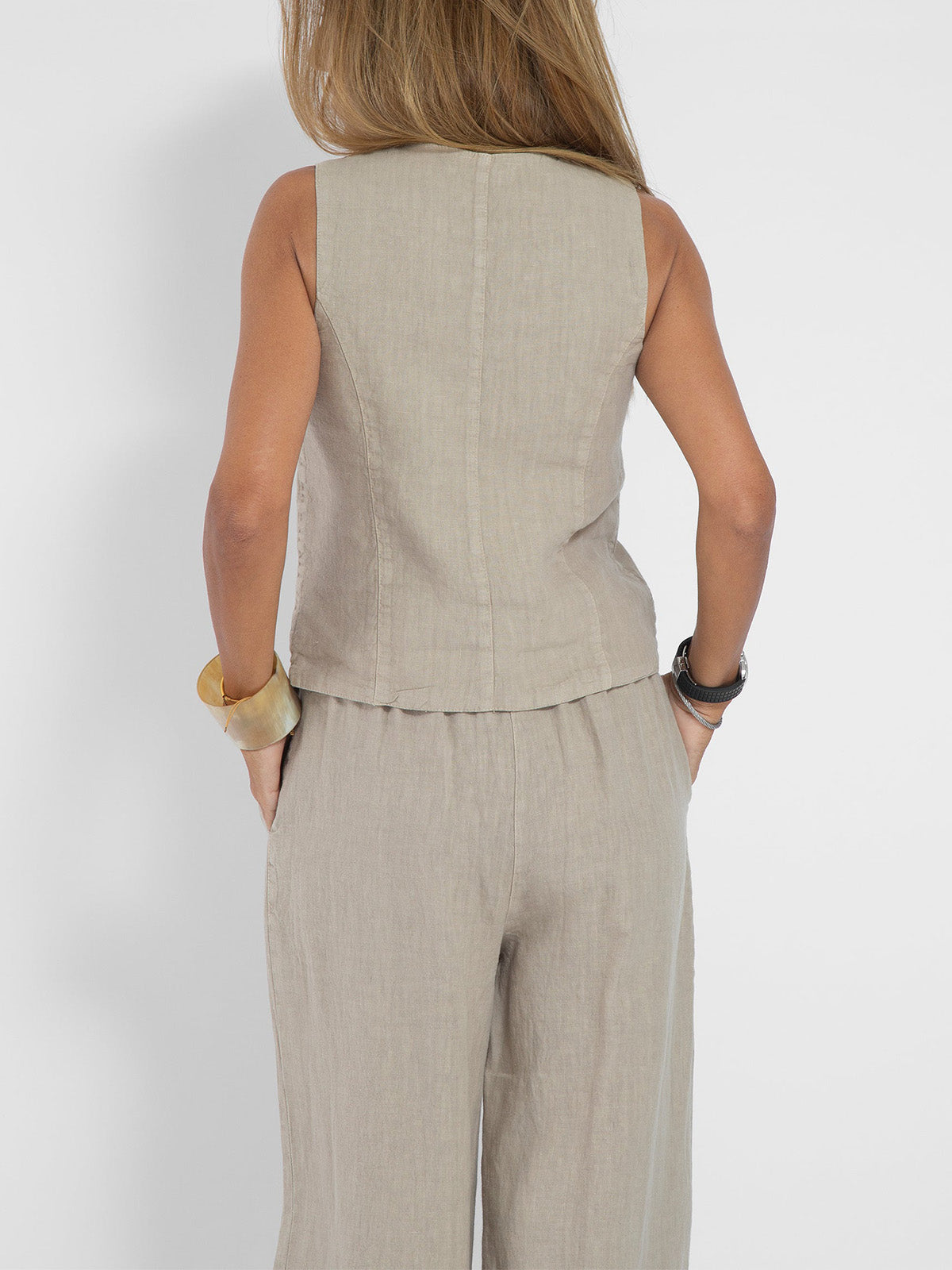 Juana | Elegante Mouwloze Linnen Set met V-Hals Gilet en Wijde Broek