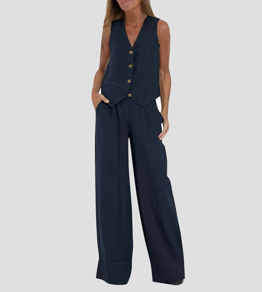 Juana | Elegante Mouwloze Linnen Set met V-Hals Gilet en Wijde Broek