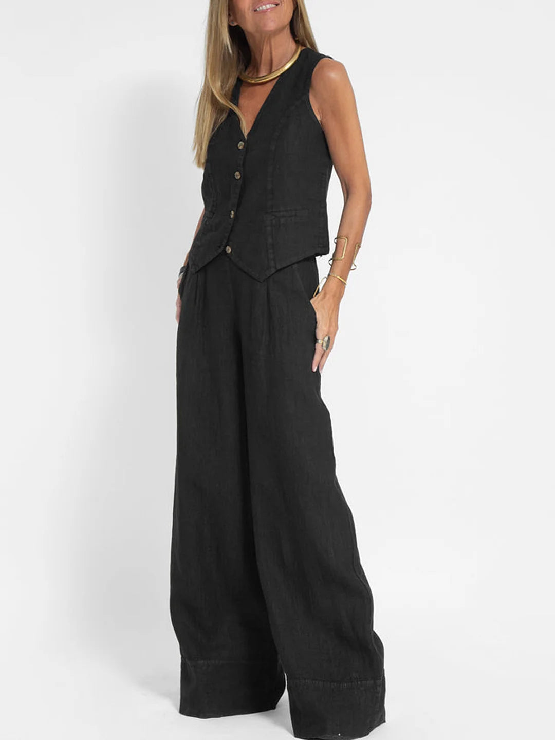 Juana | Elegante Mouwloze Linnen Set met V-Hals Gilet en Wijde Broek