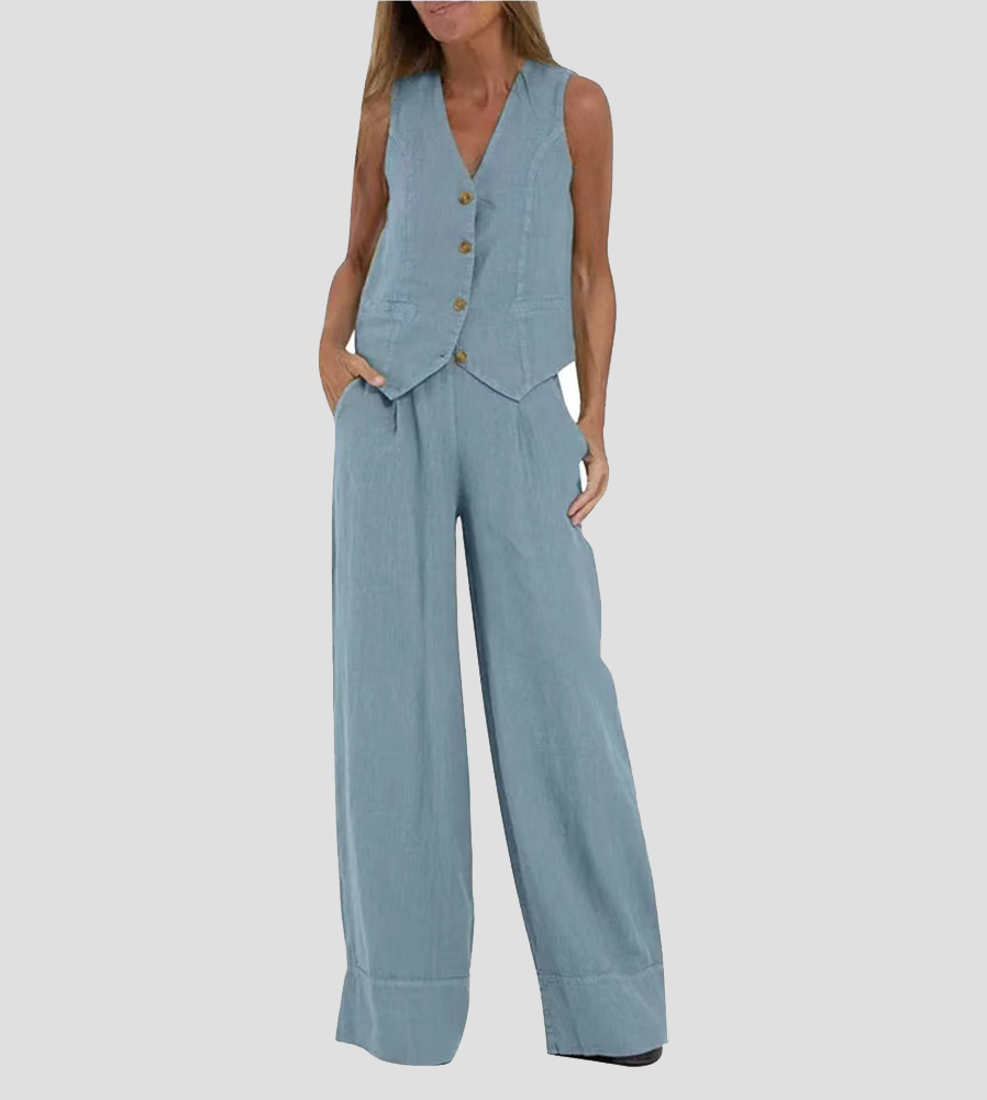 Juana | Elegante Mouwloze Linnen Set met V-Hals Gilet en Wijde Broek