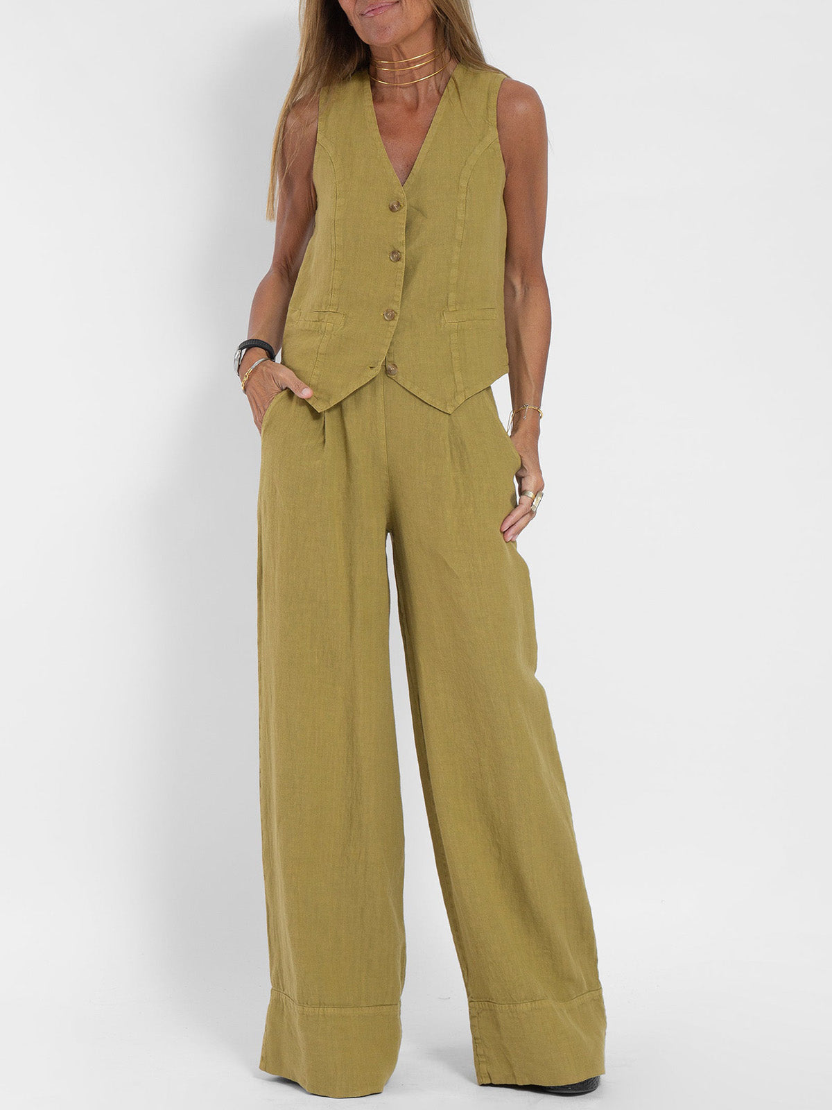 Juana | Elegante Mouwloze Linnen Set met V-Hals Gilet en Wijde Broek