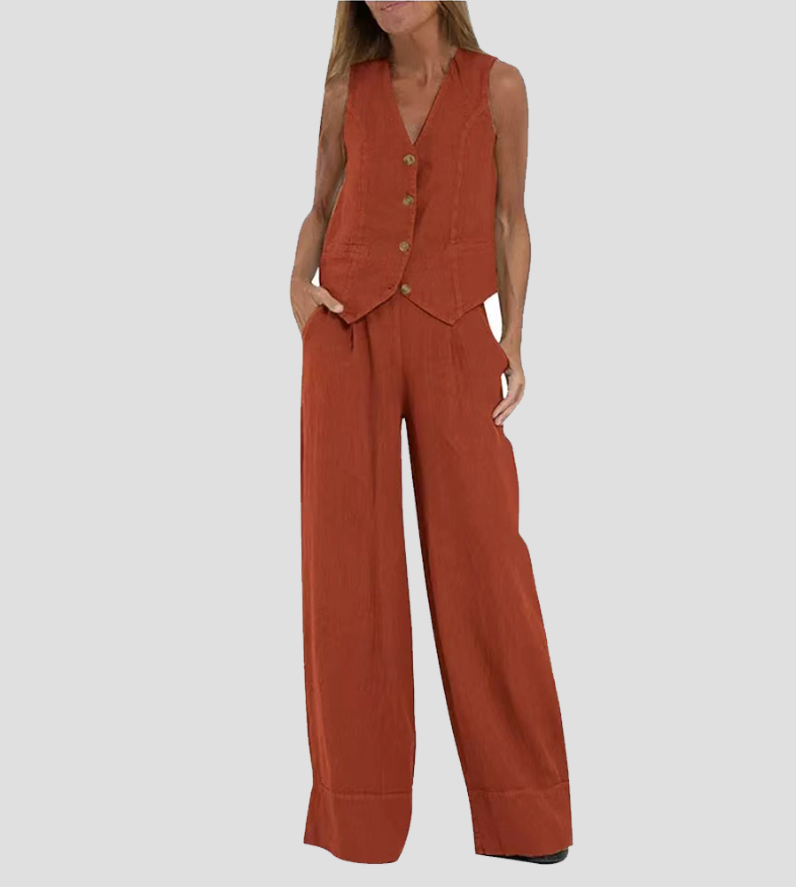 Juana | Elegante Mouwloze Linnen Set met V-Hals Gilet en Wijde Broek