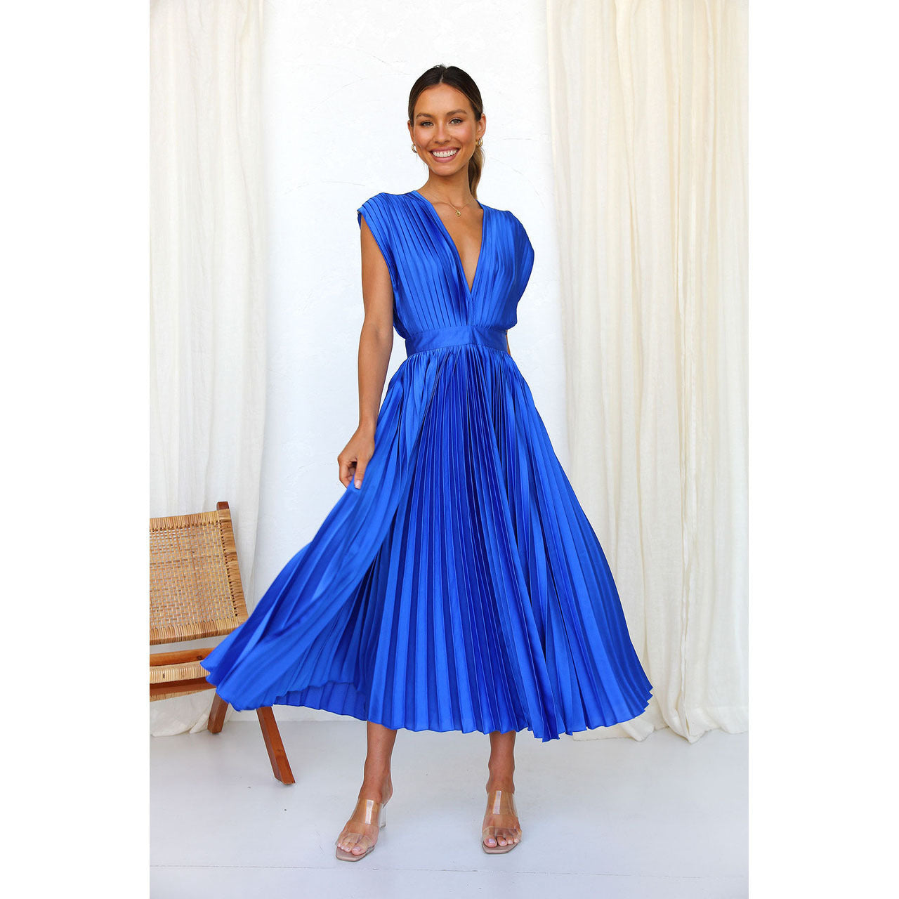 Demia | Elegante Dames Midi-jurk met Plissérok – V-hals