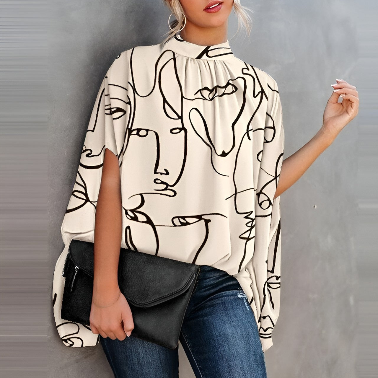 Bedrukte of Effen Blouse met Batwing Mouwen en Hoge Hals