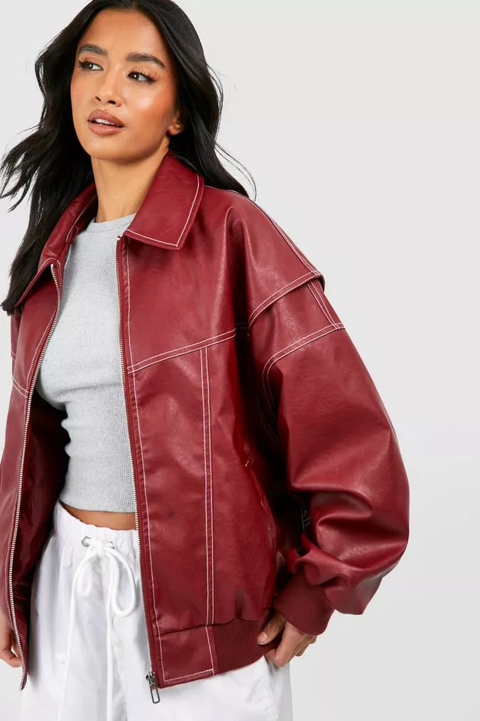 Noa | Oversized Rode Leren Jas