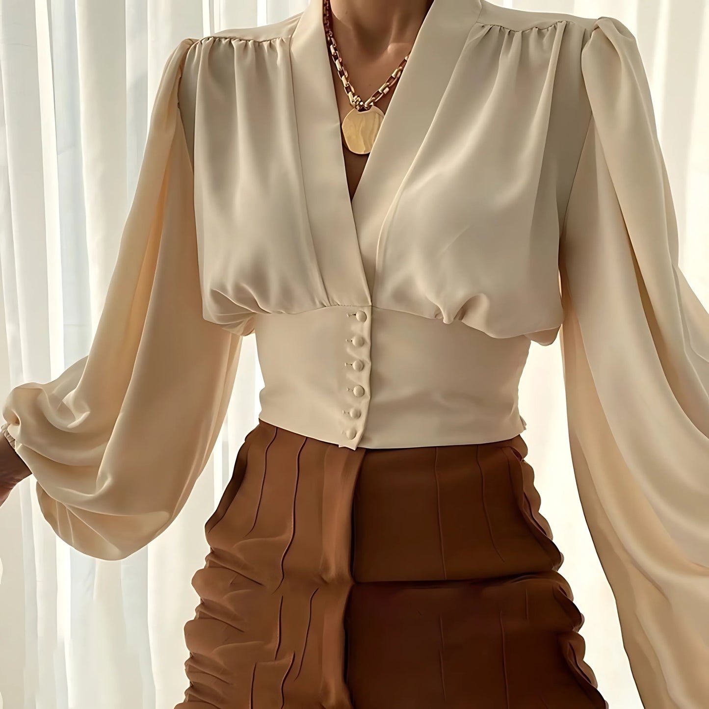 Luz | V-hals Dames Blouse – Ballonmouwen & Cropped