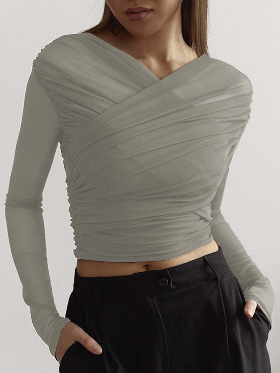 Vintage Look Geplooide Mesh Top met Lange Mouwen