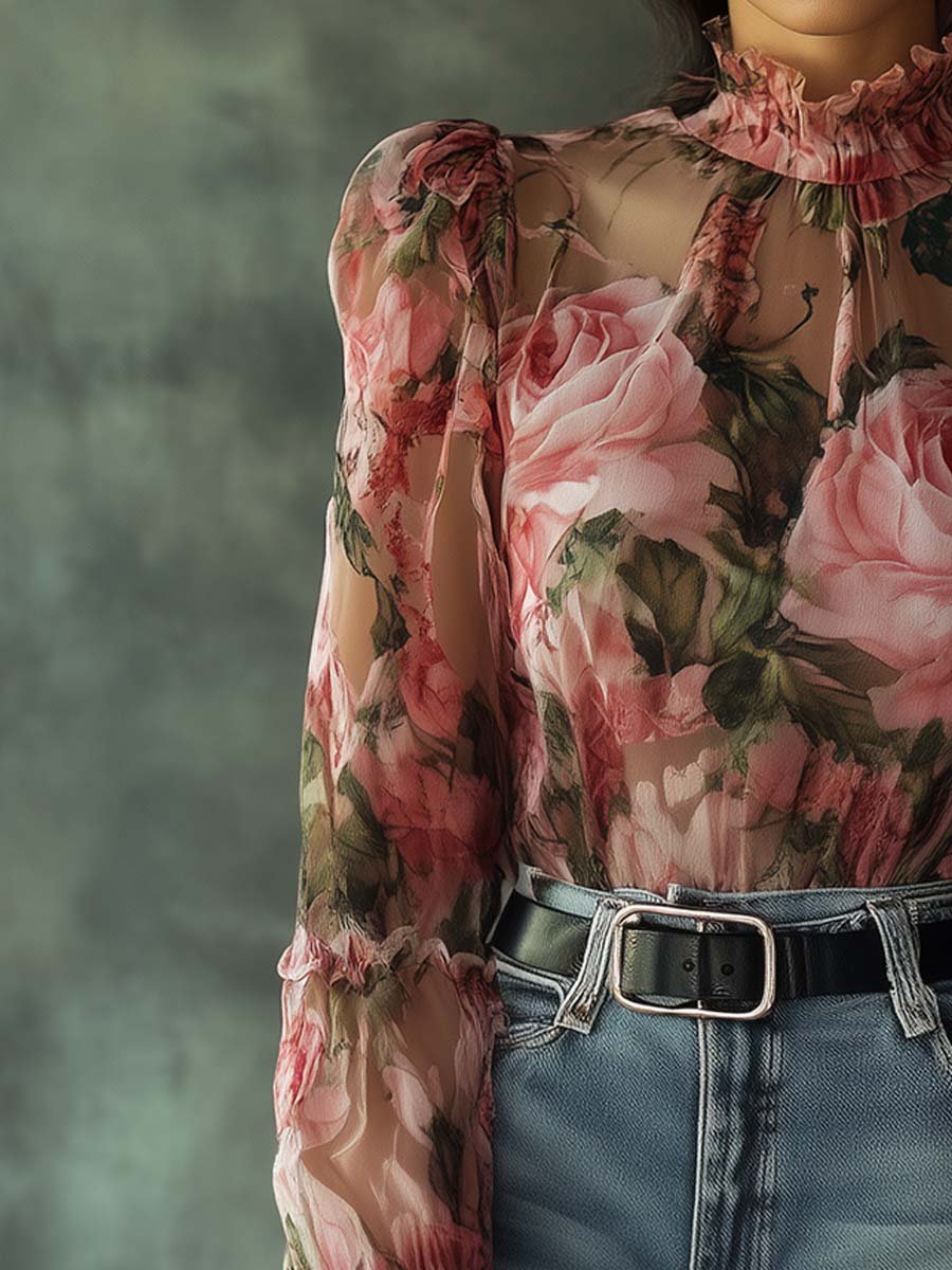 Elegante Doorzichtige Roze Blouse met Ruches
