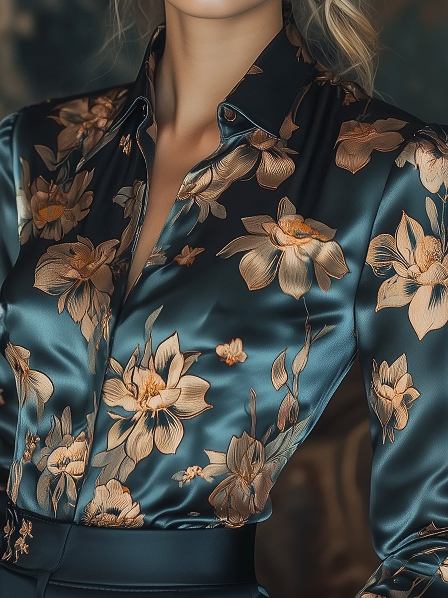Loréne | Satijnen Blouse met Bloemenprint