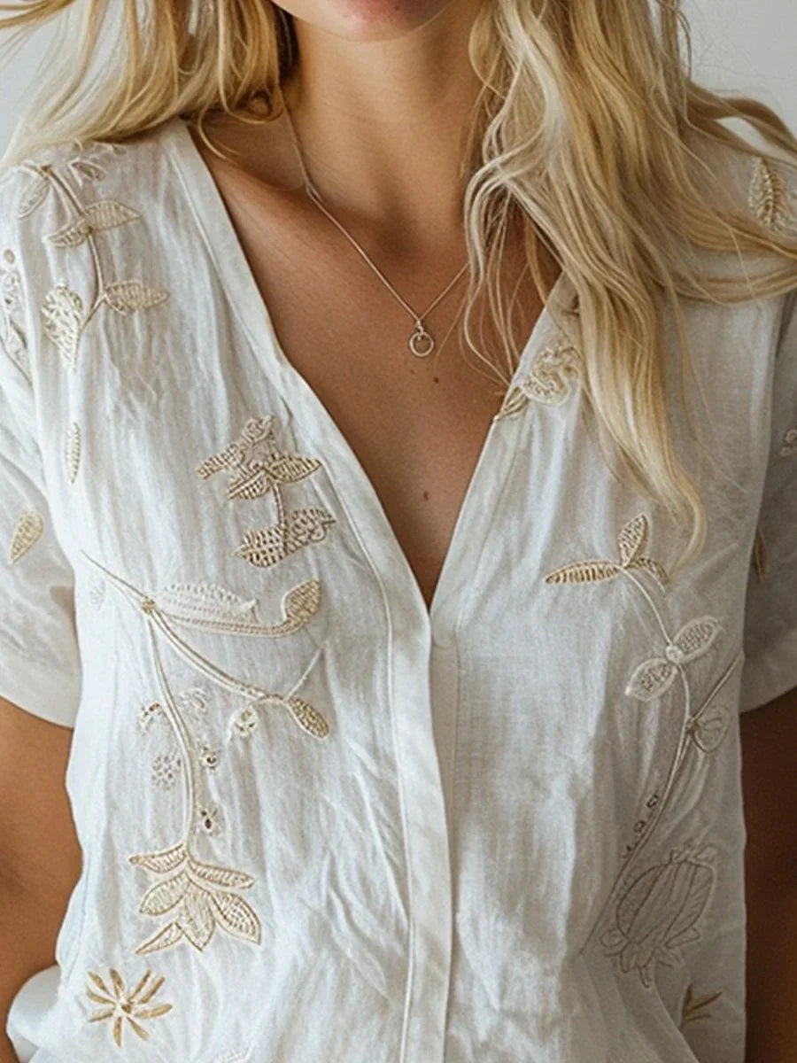 Linnen Zomer V-Hals Shirt met Geborduurde Bloemen