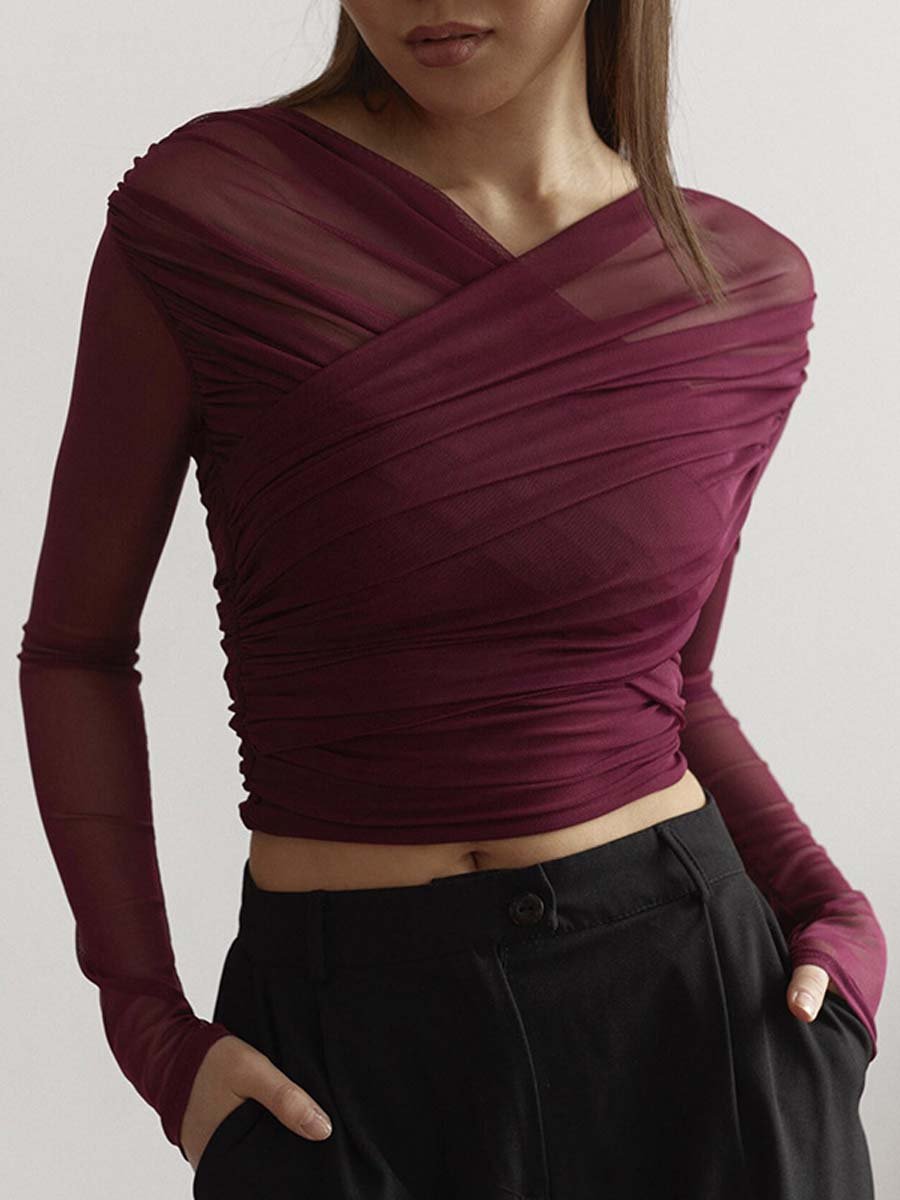 Vintage Look Geplooide Mesh Top met Lange Mouwen