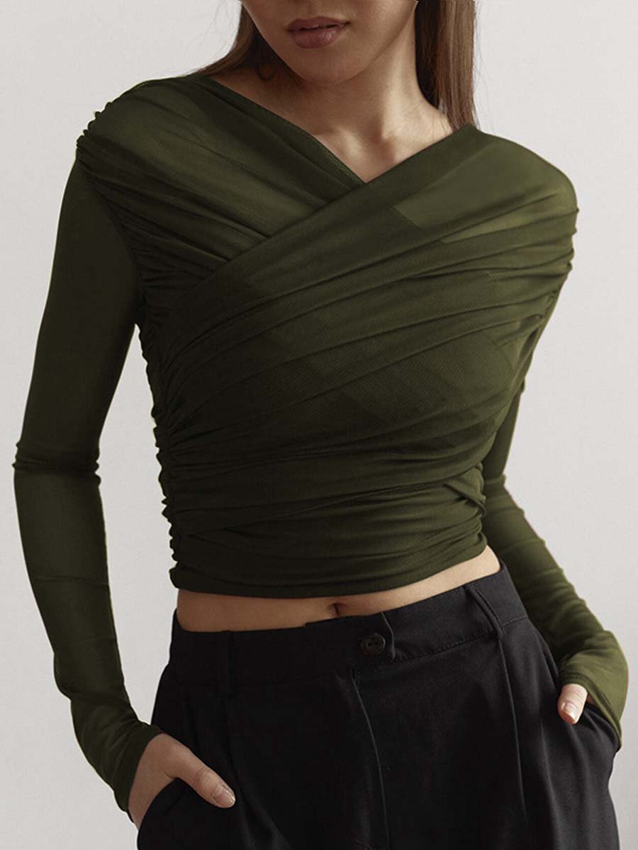 Vintage Look Geplooide Mesh Top met Lange Mouwen