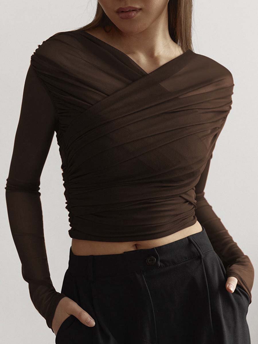 Vintage Look Geplooide Mesh Top met Lange Mouwen
