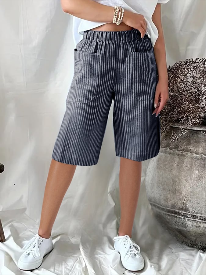 Maja | Losse, Casual Shorts met Retro Jacquardstrepen