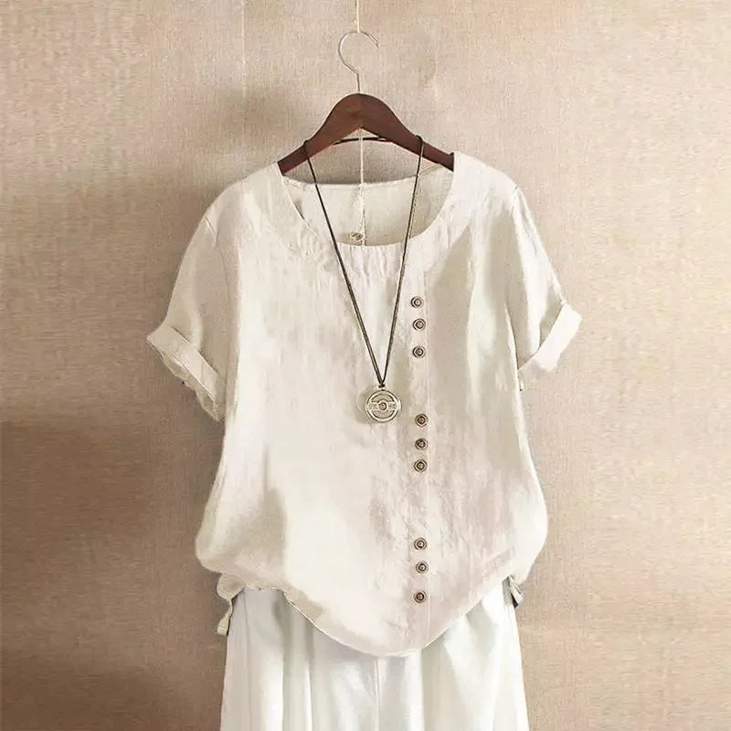 Elegante Katoenen Blouse met Korte Mouwen en Knoopdetails