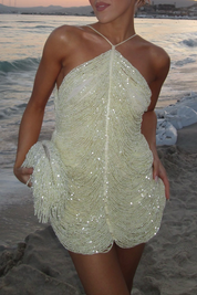 Velia | Halter Mini Jurk met Glamoureuze Kralen Accenten