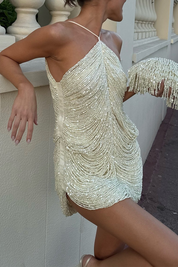 Velia | Halter Mini Jurk met Glamoureuze Kralen Accenten