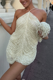 Velia | Halter Mini Jurk met Glamoureuze Kralen Accenten