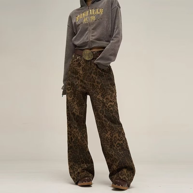 Melyna | Luipaard Print Jeans Dames – Hoge Taille & Wijde Pijpen
