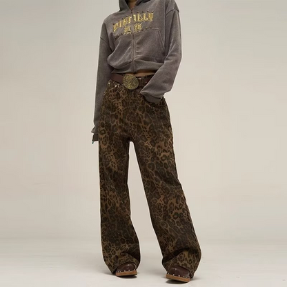 Melyna | Luipaard Print Jeans Dames – Hoge Taille & Wijde Pijpen