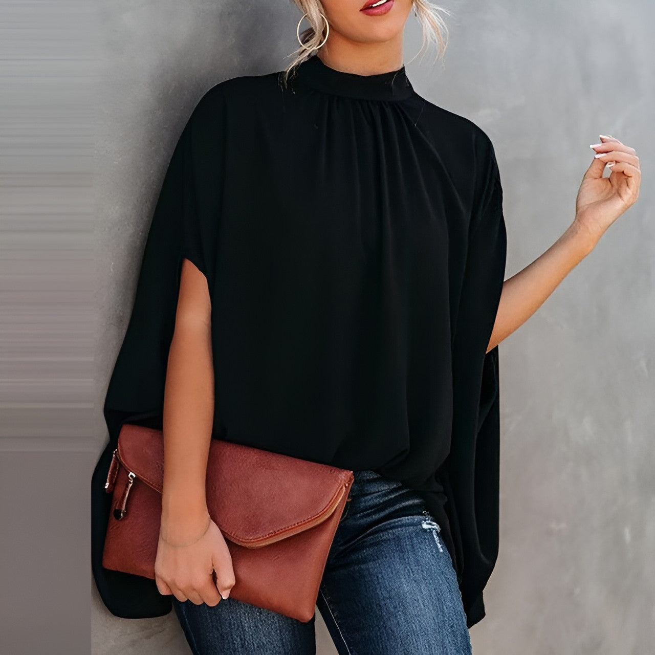 Bedrukte of Effen Blouse met Batwing Mouwen en Hoge Hals