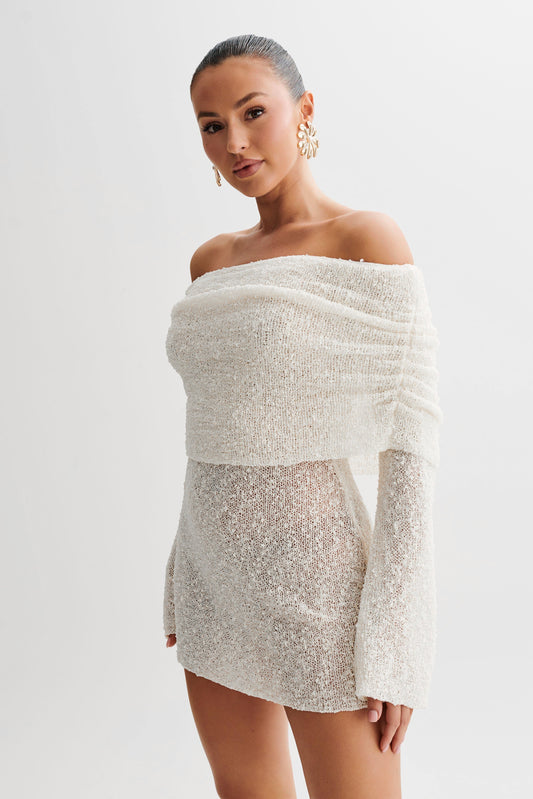 Anani | Off-Shoulder Gebreide Mini Jurk – Sheer & Elegant