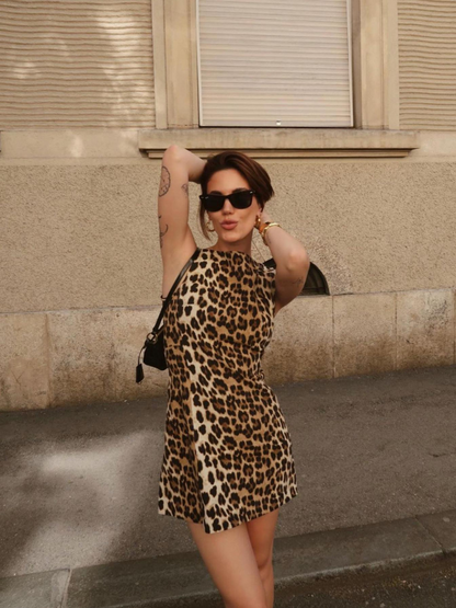 Oliva | Mouwloze Mini Jurk met Luipaardprint